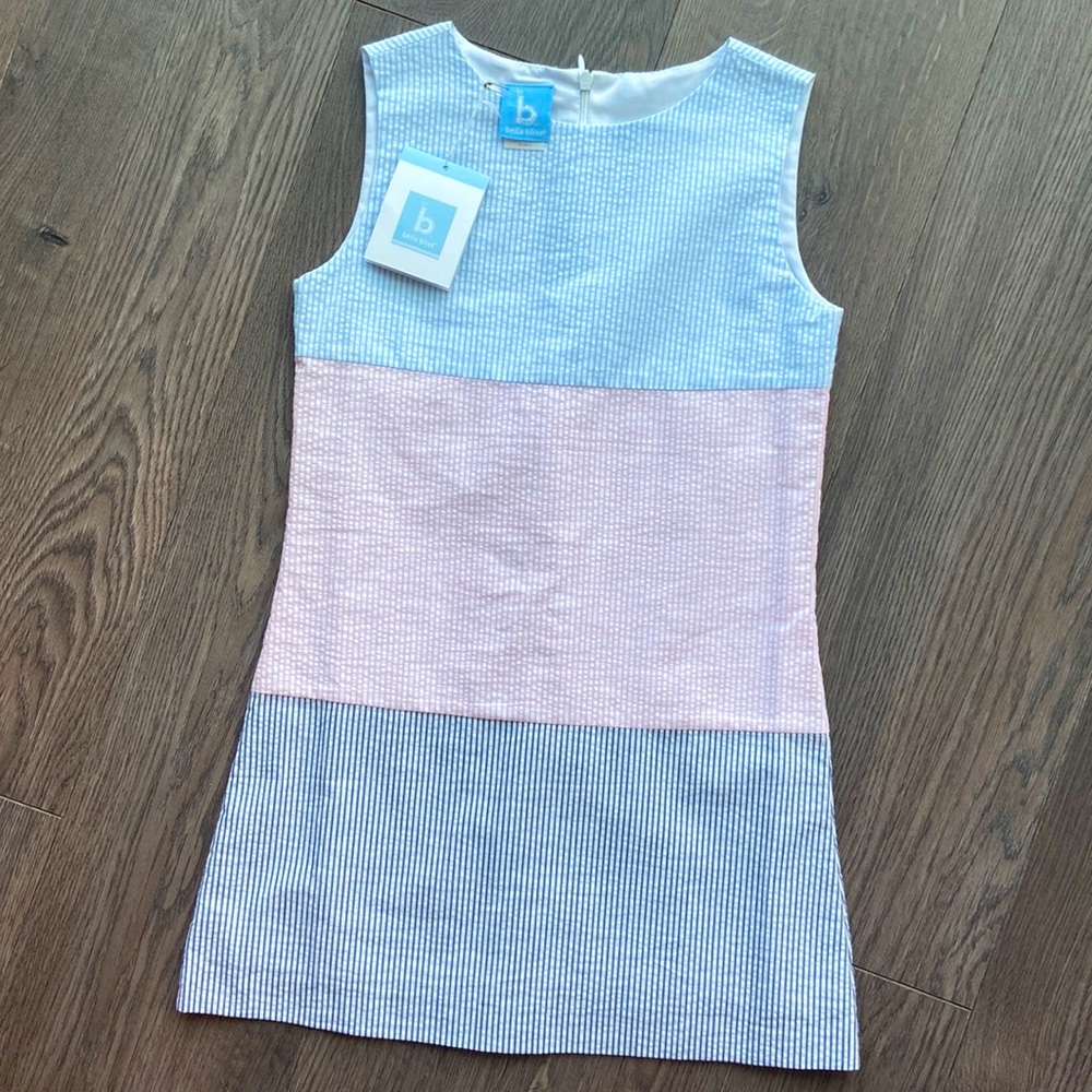 NWT Bella Bliss blue, pink and navy seersucker shift dress